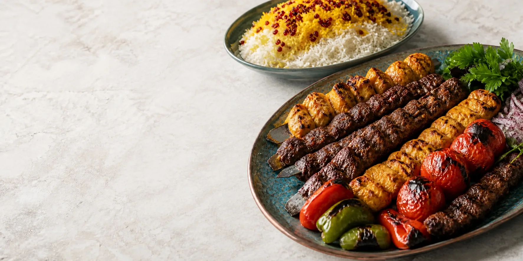 Persian kebabs, saffron rice, and grilled vegetables