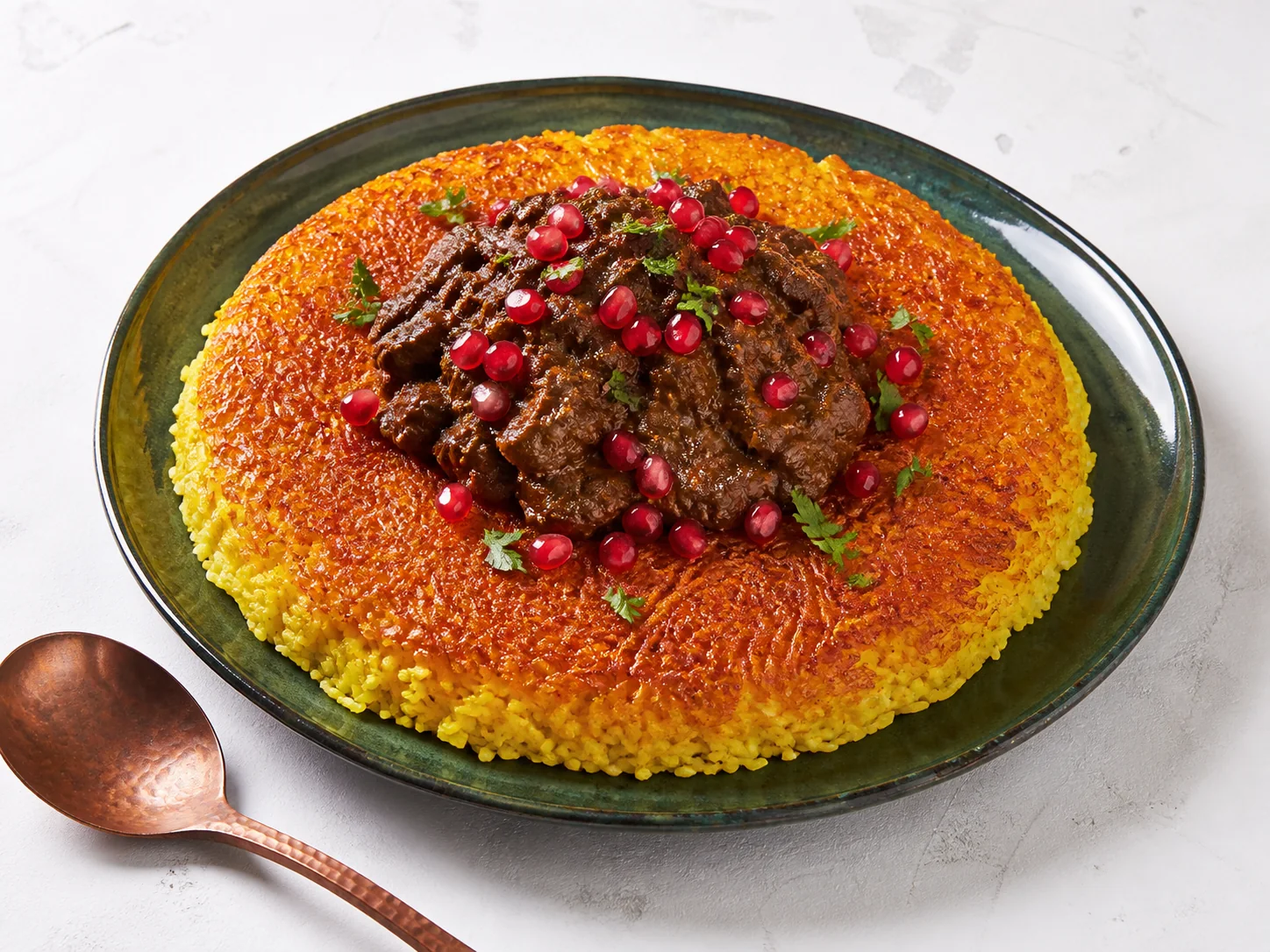 Crispy Saffron Tahdig with Stew Ladle